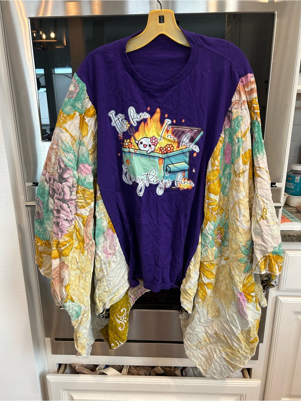 Upcycled Graphic Tshirt poncho with kantha boho long sleeves GUC